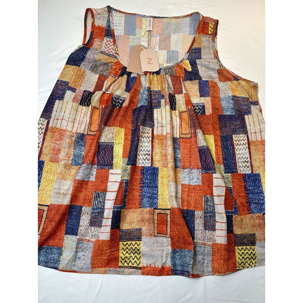 NWT Zolucky Plus Size 1X  Patchwork Tank Top Abstract Art Deco Multicolor